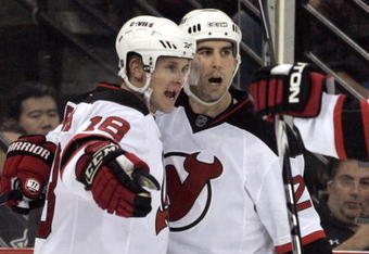 PITTSBURGH, PA - NOVEMBER 12:  Niclas Bergfors #18 of the New Jersey Devils celebrates his goal with Mark Fraser #2 in the second period at Mellon Arena against the Pittsburgh Penguins on November 12, 2009 in Pittsburgh, Pennsylvania.(Photo by Justin K. Aller/Getty Images)