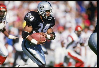 13 Jan 1991: Running back Bo Jackson of the Los Angeles Raiders runs down the field during a playoff game against the Cincinnati Bengals at the Los Angeles Coliseum in Los Angeles, California. The Raiders won the game 20-10.