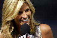 ARLINGTON, TX - AUGUST 06:  ESPN reporter Erin Andrews during a game between the New York Yankees and the Texas Rangers on August 6, 2008 at Rangers Ballpark in Arlington, Texas.  (Photo by Ronald Martinez/Getty Images)