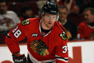 CHICAGO - MARCH 05:  Bryan Bickell #38 of the Chicago Blackhawks skates during warmups against the Anaheim Ducks at the United Center on March 5, 2008 in Chicago, Illinois.  (Photo by Jonathan Daniel/Getty Images)