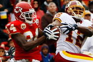 LANDOVER, MD - OCTOBER 18:  Brandon Flowers #24 of the Kansas City Chiefs breaks up a pass intended for Malcom Kelly #12 of the Washington Redskins during their game October 18, 2009 at FedEx Field in Landover, Maryland.The Chiefs won the game 14-6.  (Photo by Win McNamee/Getty Images)