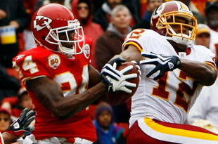 LANDOVER, MD - OCTOBER 18:  Brandon Flowers #24 of the Kansas City Chiefs breaks up a pass intended for Malcom Kelly #12 of the Washington Redskins during their game October 18, 2009 at FedEx Field in Landover, Maryland.The Chiefs won the game 14-6.  (Photo by Win McNamee/Getty Images)