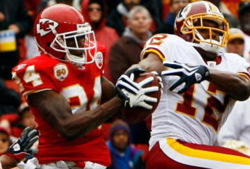 LANDOVER, MD - OCTOBER 18:  Brandon Flowers #24 of the Kansas City Chiefs breaks up a pass intended for Malcom Kelly #12 of the Washington Redskins during their game October 18, 2009 at FedEx Field in Landover, Maryland.The Chiefs won the game 14-6.  (Photo by Win McNamee/Getty Images)