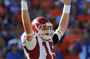 GAINESVILLE, FL - OCTOBER 17: Quarterback Ryan Mallett #15 of the Arkansas Razorbacks signals a touchdown against the Florida Gators October 17, 2009 at Ben Hill Griffin Stadium in Gainesville, Florida.  (Photo by Al Messerschmidt/Getty Images)