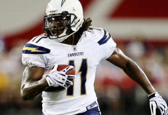 GLENDALE, AZ - AUGUST 22:  Legedu Naanee  #11 of the San Diego Chargers carries the ball for a first down during the game against  the Arizona Cardinals at the University of Phoenix Stadium on August 22, 2009 in Glendale, Arizona. (Photo by Christian Petersen/Getty Images)