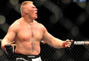 LAS VEGAS - JULY 11:  Brock Lesnar reacts after knocking out Frank Mir during their heavyweight title bout during UFC 100 on July 11, 2009 in Las Vegas, Nevada.  (Photo by Jon Kopaloff/Getty Images)