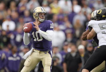 SEATTLE - OCTOBER 24: Quarterback Jake Locker #10 of the Washington Huskies looks to pass the ball during the game against the Oregon Ducks on October 24, 2009 at Husky Stadium in Seattle, Washington. The Ducks defeated the Huskies 43-19. (Photo by Otto Greule Jr/Getty Images)