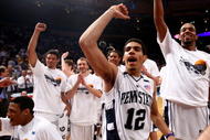 NEW YORK - APRIL 02: Talor Battle #12 of the Penn State Nittany Lions celebrates with team mates after defeating the Baylor Bears during the NIT Championship match at Madison Square Garden on April 2, 2009 in New York, New York.  (Photo by Chris McGrath/Getty Images)