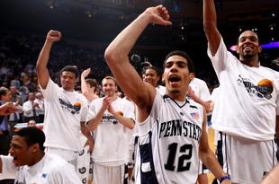 NEW YORK - APRIL 02: Talor Battle #12 of the Penn State Nittany Lions celebrates with team mates after defeating the Baylor Bears during the NIT Championship match at Madison Square Garden on April 2, 2009 in New York, New York. (Photo by Chris McGrath/Getty Images)