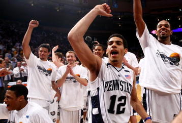NEW YORK - APRIL 02: Talor Battle #12 of the Penn State Nittany Lions celebrates with team mates after defeating the Baylor Bears during the NIT Championship match at Madison Square Garden on April 2, 2009 in New York, New York.  (Photo by Chris McGrath/Getty Images)