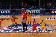 NEW YORK - NOVEMBER 20:  Markhuri Sanders-Frison #45 of the California Golden Bears takes the opening tip against Dallas Lauderdale #52 of the Ohio State Buckeyes during the consolation game of the 2K Sports Classic on November 20, 2009 at Madison Square Garden in New York City.  (Photo by Jim McIsaac/Getty Images)