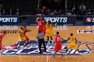 NEW YORK - NOVEMBER 20:  Markhuri Sanders-Frison #45 of the California Golden Bears takes the opening tip against Dallas Lauderdale #52 of the Ohio State Buckeyes during the consolation game of the 2K Sports Classic on November 20, 2009 at Madison Square Garden in New York City.  (Photo by Jim McIsaac/Getty Images)