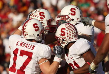 LOS ANGELES, CA - NOVEMBER 14:  Griff Whalen #17 of the Stanford Cardinalcelebrates with teamates int e game with the USC Trojans on November 14, 2009 at the Los Angeles Coliseum in Los Angeles, California.  Stanford won 55-21.  (Photo by Stephen Dunn/Getty Images)