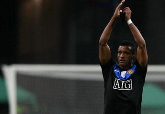 MOSCOW, RUSSIA - OCTOBER 21: Nani of Manchester United FC celebrates after their victory over CSKA Moscow after the UEFA Champions League group B match between CSKA Moscow and Manchester United at the Pat Luzhniki Stadium on October 21, 2009 in Moscow, Russia.  (Photo by Dmitry Korotayev/Epsilon/Getty Images)