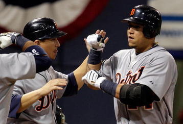MINNEAPOLIS - OCTOBER 06:  Miguel Cabrera #24 of the Detroit Tigers is congratulated by Magglio Ordonez #30 after hitting a home run during the 3rd inning of the American League Tiebreaker game against the Minnesota Twins on October 6, 2009 at Hubert H. Humphrey Metrodome in Minneapolis, Minnesota.  (Photo by Jamie Squire/Getty Images)