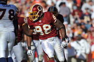 LANDOVER, MD - NOVEMBER 15: Brian Orakpo #98 of the Washington Redskins defends against the Denver Broncos at FedExField on November 15, 2009 in Landover, Maryland. The Redskins won 27-17. (Photo by Larry French/Getty Images)