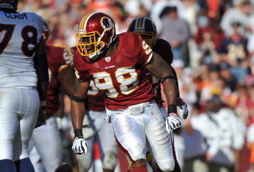 LANDOVER, MD - NOVEMBER 15:  Brian Orakpo #98 of the Washington Redskins defends against the Denver Broncos at FedExField on November 15, 2009 in Landover, Maryland. The Redskins won 27-17. (Photo by Larry French/Getty Images)