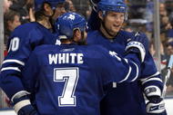 TORONTO - FEBRUARY 19: Nik Antropov #80, Ian White #7 and Alexei Ponikarovsky #23 of the Toronto Maple Leafs celebrate Nik Antropov's goal during game action February 19, 2009 at the Air Canada Centre in Toronto, Ontario, Canada. (Photo by Dave Abel/Getty Images)