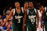 NEW YORK - MARCH 10:  Chris Howard #3 and Justin Leemow #10 of the USF Bulls  look on against the Seton Hall Pirates during the first round of the Big East Tournament at Madison Square Garden on March 10, 2009 in New York City.  (Photo by Jim McIsaac/Getty Images)
