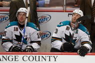 ANAHEIM, CA - SEPTEMBER 21:  Dany Heatley #15 and Joe Thornton #19 of the San Jose Sharks sit beside one another on the bench during the preseason game against the Anaheim Ducks at the Honda Center on September 21, 2009 in Anaheim, California. The Ducks defeated the Sharks 3-2.  (Photo by Jeff Gross/Getty Images)