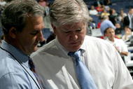 COLUMBUS, OH - JUNE 22:  General Manager Brian Burke (R) of the Anaheim Ducks speaks to General Manager Darryl Sutter of the Calgary Flames during the first round of the 2007 NHL Entry Draft at Nationwide Arena on June 22, 2007 in Columbus, Ohio.  (Photo by Bruce Bennett/Getty Images)