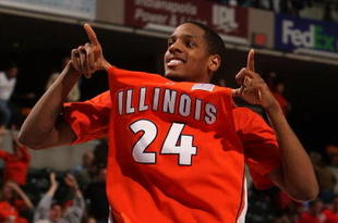 INDIANAPOLIS - MARCH 15:  Mike Davis #24 of the Illinois Fighting Illini celebrates Illinois' 54-50 win against the Minnesota Golden Gophers during their semifinal game on Day 3 of the Big Ten Men's Basketball Tournament at Conseco Fieldhouse on March 15, 2008 in Indianapolis, Indiana.  (Photo by Jonathan Daniel/Getty Images)