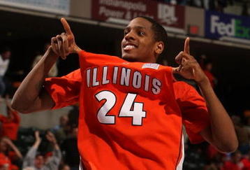 INDIANAPOLIS - MARCH 15:  Mike Davis #24 of the Illinois Fighting Illini celebrates Illinois' 54-50 win against the Minnesota Golden Gophers during their semifinal game on Day 3 of the Big Ten Men's Basketball Tournament at Conseco Fieldhouse on March 15, 2008 in Indianapolis, Indiana.  (Photo by Jonathan Daniel/Getty Images)