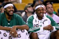 BOSTON, MA - OCTOBER 28:  Paul Pierce #34 and Rasheed Wallace #30 of the Boston Celtics react on the bench during a game against the Charlotte Bobcats at the TD Banknorth Garden on October 28, 2009 in Boston, Massachusetts. NOTE TO USER: User expressly acknowledges and agrees that, by downloading and/or using this Photograph, user is consenting to the terms and conditions of the Getty Images License Agreement. (Photo by Jim Rogash/Getty Images)