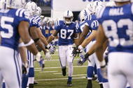 INDIANAPOLIS - DECEMBER 28:  Reggie Wayne #99 of the Indianapolis Colts greets teammates as he is introduced before the game against the Tennessee Titans on December 28, 2008 at Lucas Oil Stadium in Indianapolis, Indiana. (Photo by: Jamie Squire/Getty Images)