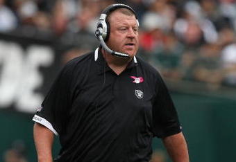 OAKLAND, CA - OCTOBER 18:  Head coach Tom Cable of the Oakland Raiders looks on against the Philadelphia Eagles during an NFL game at the Oakland-Alameda County Coliseum on October 18, 2009 in Oakland, California.  (Photo by Jed Jacobsohn/Getty Images)