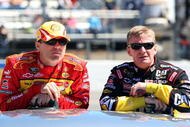 MARTINSVILLE, VA - MARCH 29: Kevin Harvick, driver of the #29 Shell/Pennzoil Chevrolet, rides in a truck with Jeff Burton, driver of the #31 Caterpillar Chevrolet, during driver introductions prior to the start of the NASCAR Sprint Cup Series Goody's Fast Pain Relief 500 at the Martinsville Speedway on March 29, 2009 in Martinsville, Virginia.  (Photo by Jim McIsaac/Getty Images)