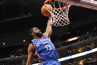 LOS ANGELES - NOVEMBER 11: James Harden #13 of the Oklahoma City Thunder goes up for a dunk against  the Los Angeles Clippers on November 11, 2009 at Staples Center in Los Angeles, California.    NOTE TO USER: User expressly acknowledges and agrees that, by downloading and/or using this Photograph, user is consenting to the terms and conditions of the Getty Images License Agreement. (Photo by Stephen Dunn/Getty Images)