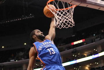 LOS ANGELES - NOVEMBER 11: James Harden #13 of the Oklahoma City Thunder goes up for a dunk against  the Los Angeles Clippers on November 11, 2009 at Staples Center in Los Angeles, California.    NOTE TO USER: User expressly acknowledges and agrees that, by downloading and/or using this Photograph, user is consenting to the terms and conditions of the Getty Images License Agreement. (Photo by Stephen Dunn/Getty Images)