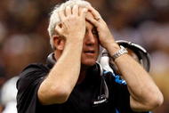 NEW ORLEANS - NOVEMBER 08:  Head coach John Fox of the Carolina Panthers reacts during a loss against the New Orleans Saints at Louisiana Superdome on November 8, 2009 in New Orleans, Louisiana.  (Photo by Ronald Martinez/Getty Images)