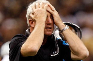 NEW ORLEANS - NOVEMBER 08:  Head coach John Fox of the Carolina Panthers reacts during a loss against the New Orleans Saints at Louisiana Superdome on November 8, 2009 in New Orleans, Louisiana.  (Photo by Ronald Martinez/Getty Images)