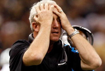 NEW ORLEANS - NOVEMBER 08:  Head coach John Fox of the Carolina Panthers reacts during a loss against the New Orleans Saints at Louisiana Superdome on November 8, 2009 in New Orleans, Louisiana.  (Photo by Ronald Martinez/Getty Images)