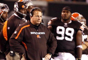 CLEVELAND - NOVEMBER 16:  Eric Mangini head coach of the Cleveland Browns watches his team against the Baltimore Ravens at Cleveland Browns Stadium on November 16, 2009 in Cleveland, Ohio.  (Photo by Matt Sullivan/Getty Images)