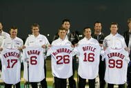 DAYTONA, FL - FEBRUARY 14:  Matt Kenseth, David Ragan, Jamie McMurray, Josh Beckett, Greg Biffle, Tim Wakefield, Carl Edwards and Mike Timlin poses for photos at a press conference announcing the partnership between Roush Racing and Fenway Sports Group at Jackie Robinson Ball Park on February 14, 2007 in Daytona, Florida.  (Photo by Matthew Stockman/Getty Images)