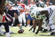 EAST RUTHERFORD, NJ - SEPTEMBER 20: A view of the line of scrimmage during the game between the New York Jets and the New England Patriots at Giants Stadium on September 20, 2009 in East Rutherford, New Jersey.  (Photo by Nick Laham/Getty Images)