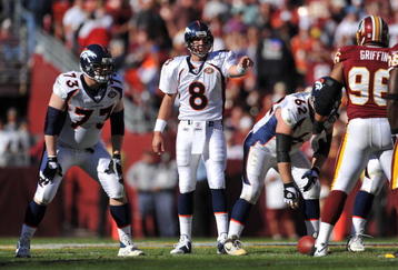 LANDOVER, MD - NOVEMBER 15:  Kyle Orton #8 of the Denver Broncos audibles during the game against the Washington Redskins at FedExField on November 15, 2009 in Landover, Maryland. The Redskins won 27-17. (Photo by Larry French/Getty Images)