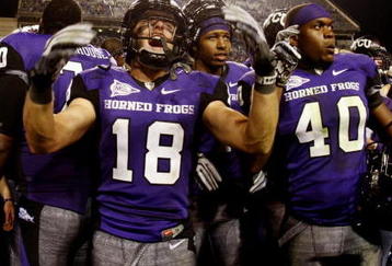 FORT WORTH, TX - NOVEMBER 14: Ryan Christian #18 of the TCU Horned Frogs celebrates his teams 55-28 victory over the Utah Utes at Amon G. Carter Stadium on November 14, 2009 in Fort Worth, Texas. (Photo by Ronald Martinez/Getty Images)