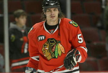 CHICAGO - OCTOBER 19:  Brent Sopel #5 of the Chicago Blackhawks looks on during the NHL game against the Colorado Avalanches at the United Center on October 19, 2007 in Chicago, Illinois. (Photo by Jonathan Daniel/Getty Images)