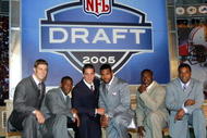 NEW YORK - APRIL 23:  (L-R) Alex Smith (Utah), Antrel Rolle (Miami), Aaron Rodgers (California), Braylon Edwards (Michigan),Ronnie Brown (Auburn) and Cedric Benson (Texas) pose during the 70th NFL Draft on April 23, 2005 at the Jacob K. Javits Convention Center in New York City.  (Photo by Chris Trotman/Getty Images)