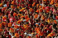 LOS ANGELES - OCTOBER 14: USC Trojans fans cheer against the Arizona State Sun Devils at the Los Angeles Memorial Coliseum on October 14, 2006 in Los Angeles, California. USC won 28-21. (Photo by Stephen Dunn/Getty Images)