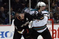 ANAHEIM, CA - NOVEMBER 21:  Douglas Murray #3 of the San Jose Sharks pushes Saku Koivu #11 of the Anaheim Ducks out of the crease area in the second period during the NHL game at the Honda Center on November 21, 2009 in Anaheim, California. The Sharks defeated the Ducks 3-2.  (Photo by Victor Decolongon/Getty Images)