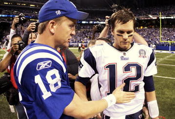 INDIANAPOLIS - NOVEMBER 15:  Quarterback Peyton Manning #18 of the Indianapolis Colts greets Tom Brady #12 of the New England Patriots after the game at Lucas Oil Stadium on November 15, 2009 in Indianapolis, Indiana.  The Colts won the game 35-34. (Photo by Jamie Squire/Getty Images)