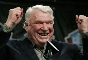 DETROIT - FEBRUARY 4:  Broadcaster and former coach John Madden celebrates his selection to the NFL Hall of Fame during a press conference February 4, 2006 at the Renaissance Center in Detroit, Michigan.  (Photo by Jonathan Daniel/Getty Images)