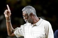 SAN ANTONIO - JUNE 12:  NBA legend Bill Russell is introduced to the crowd during the game between the San Antonio Spurs and the Detroit Pistons in Game two of the 2005 NBA Finals at SBC Center on June 12, 2005 in San Antonio, Texas.  The Spurs defeated the Pistons 97-76 and take a 2-0 series lead.  NOTE TO USER: User expressly acknowledges and agrees that, by downloading and/or using this Photograph, user is consenting to the terms and conditions of the Getty Images License Agreement  (Photo by Ronald Martinez/Getty Images)