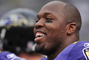 BALTIMORE - NOVEMBER 1:  Terrell Suggs #55 of the Baltimore Ravens smiles on the bench during the game against the Denver Broncos at M&T Bank Stadium on November 1, 2009 in Baltimore, Maryland. The Ravens defeated the Broncos 30-7. (Photo by Larry French/Getty Images)