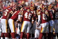 LANDOVER, MD - NOVEMBER 15:  The Washington Redskins offense huddles during the game against the Denver Broncos at FedExField on November 15, 2009 in Landover, Maryland. The Redskins won 27-17. (Photo by Larry French/Getty Images)